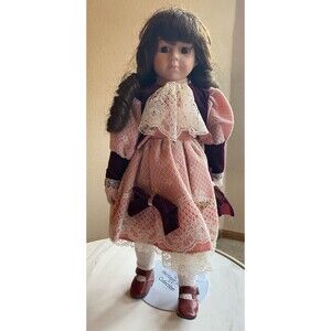 Brinn Porcelain Doll Brunette Curls Brown Eye Pink Dress Cloth Body 15in ESTELLE
